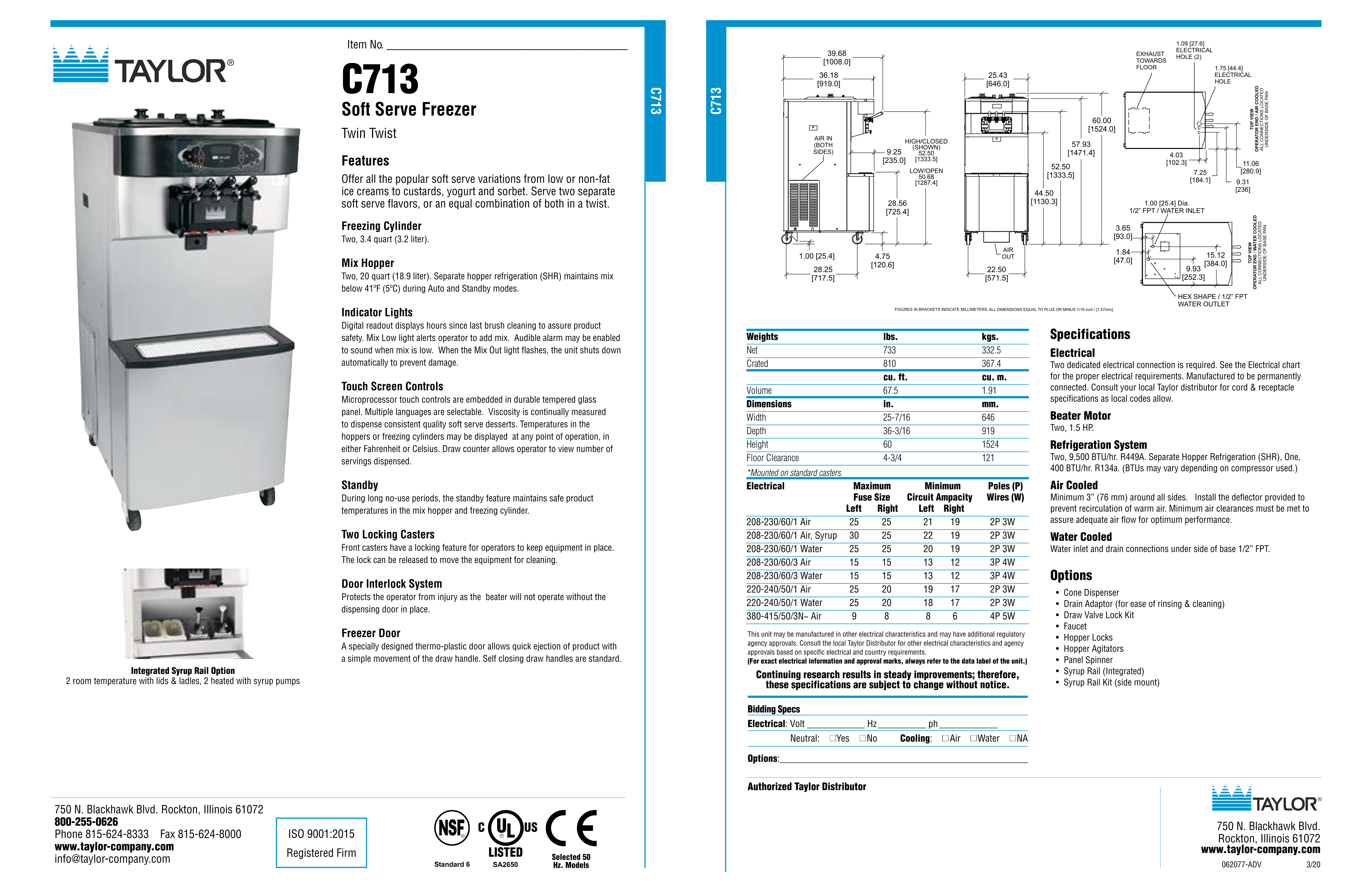  Taylor TAYLOR C713 SOFT SERVE FREEZER MULTI FLAVOR, FLOOR STANDING, GRAVITY Spec Sheet